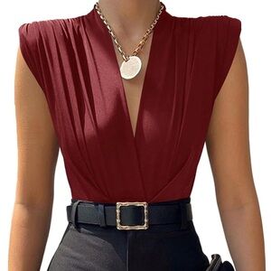 LYANER Burgundy Wrap V Neck Sleeveless Ruched Bodysuit Sexy Tank Leotard Top